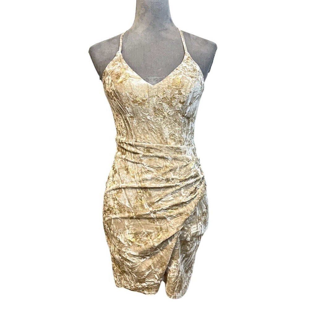 Y2k 2000’s Velvet Gold Bodycon Mini Dress Size 3/4 Prom Banquet Cocktail Party